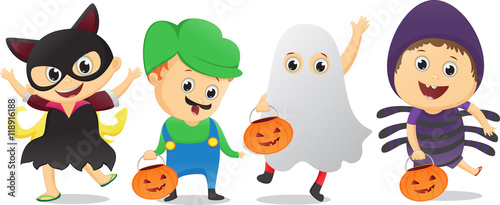 happy children in Halloween party trick or treating