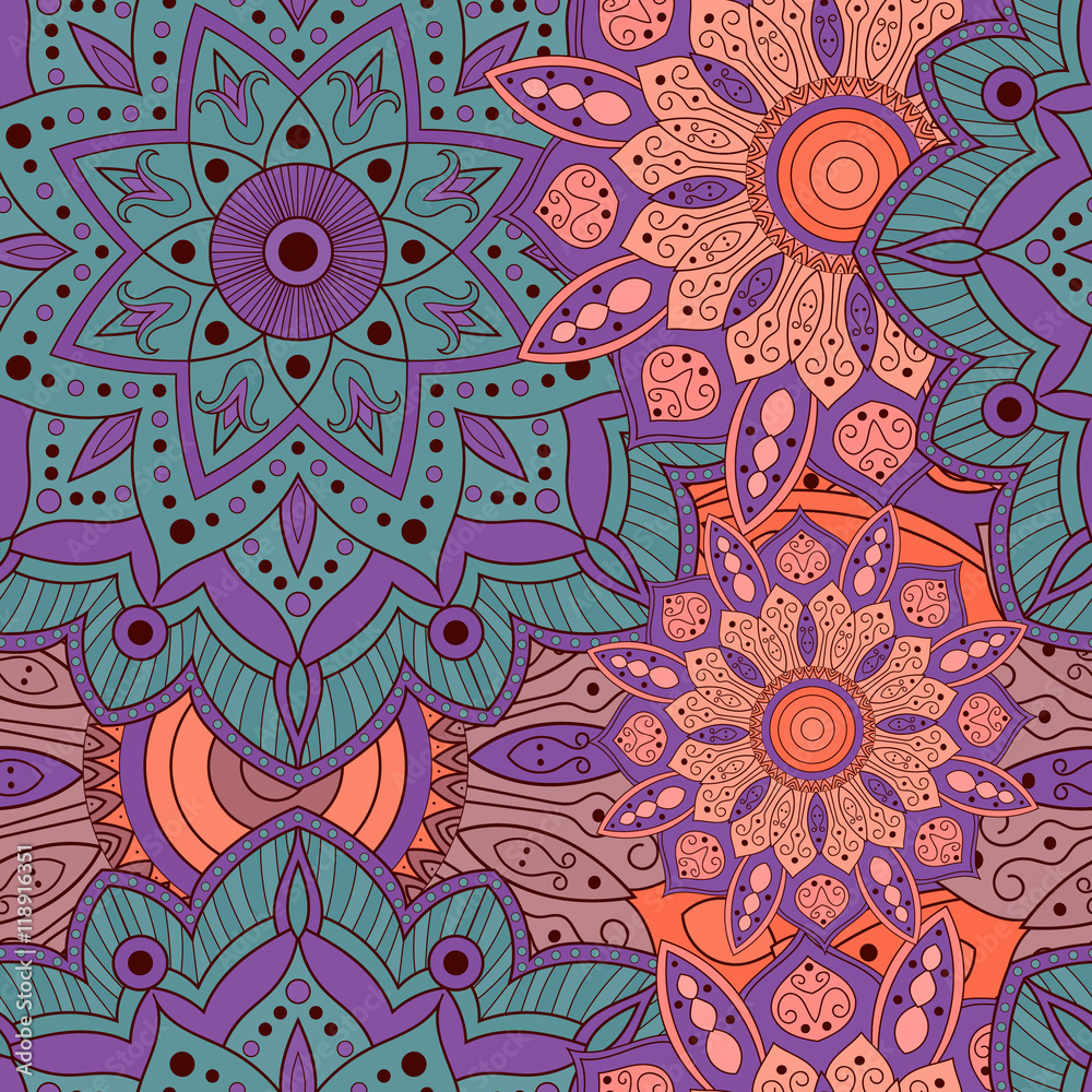 Seamless indian pattern for wrapping paper, fabric or wallpaper. Hand drawn mandala decoration vector. Oriental, islam, tribal, floral mandala motifs. Textile print.