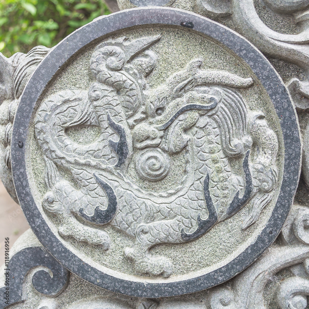 Sign of dragon on the stone in Wong Tai Sin temple, Hong Kong.
