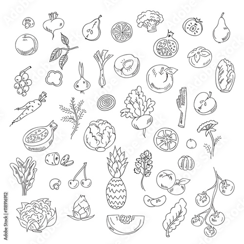 Fototapeta Naklejka Na Ścianę i Meble -  Set doodles elements vegetables and fruits. Vegeyarian food