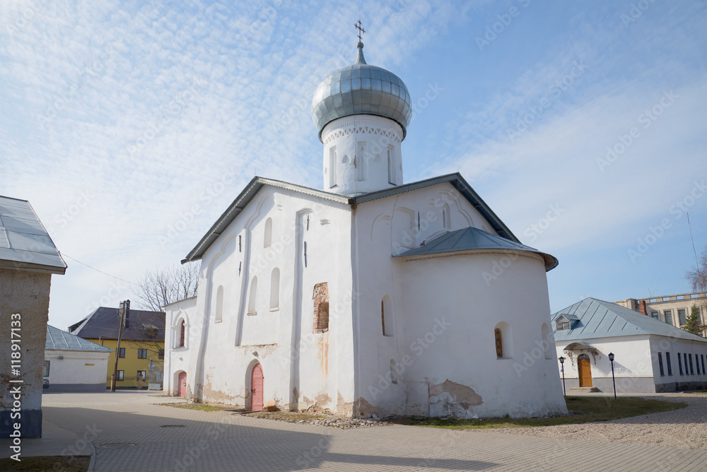 Medieval church of Nikola White (built in 1312-1313) sunny april day. Veliky Novgorod, Russia