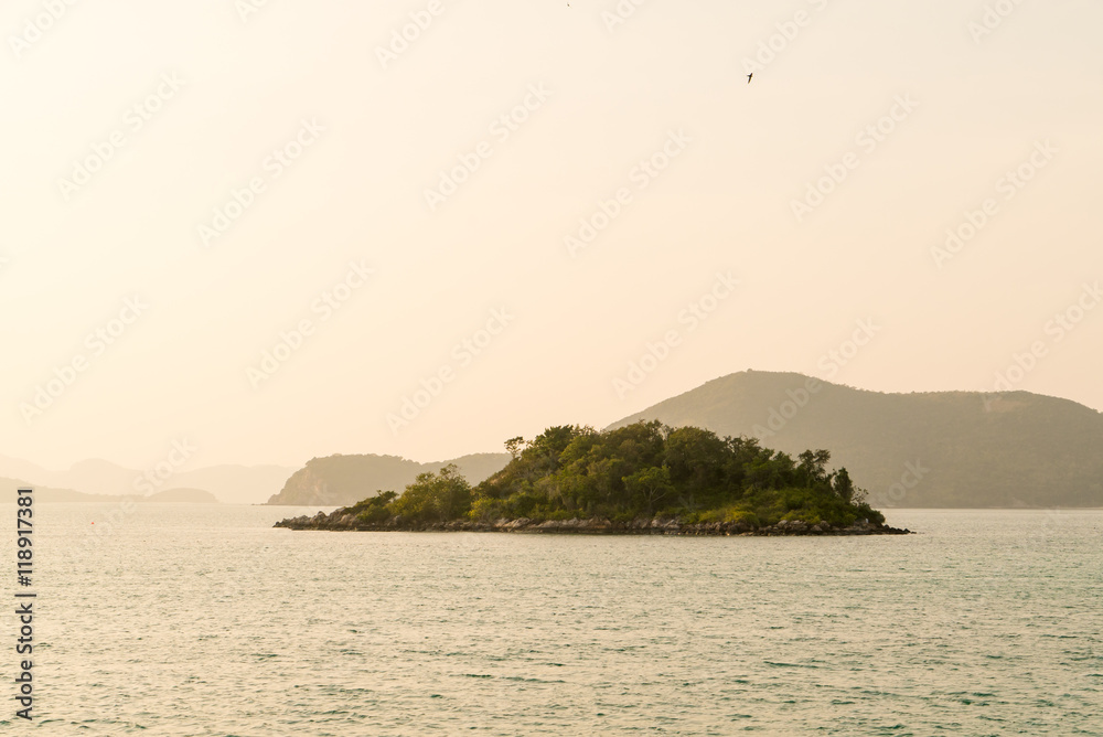 Landscape of island and sea with sunrise at Sattahip district in Thailand