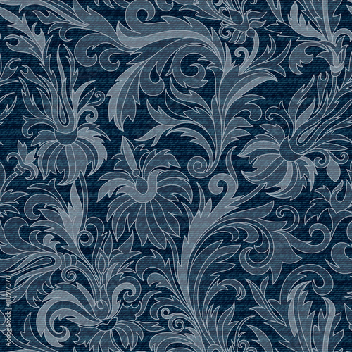 Vector Jeans background with flowers. Denim seamless pattern. Blue  fabric. Floral grunge 