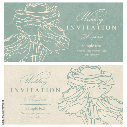 Wedding Invitation card with roses green and beige