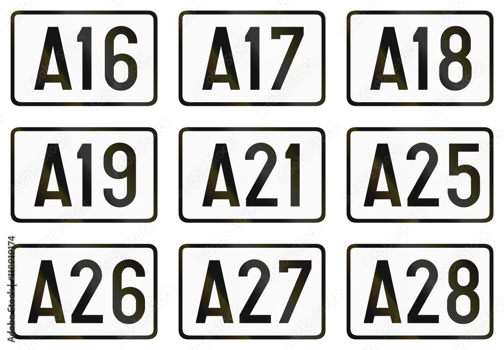 Collection of numbered highway shields used in Belgium Collection of numbered highway shields used in Belgium