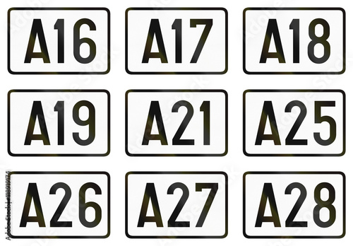 Collection of numbered highway shields used in Belgium