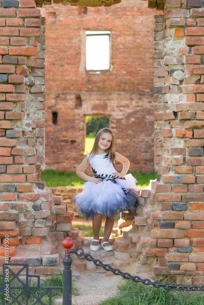 fashion photo of a beautiful girl  on a background of brick ruin