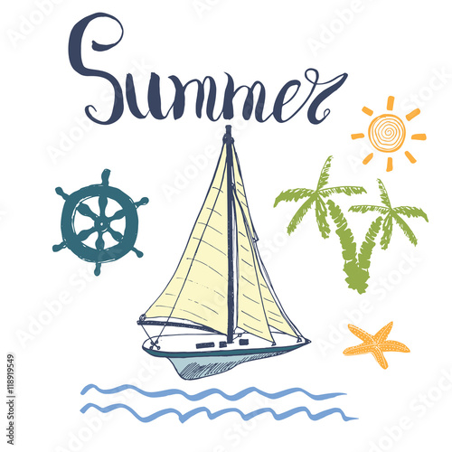 Summer Vector Illustration, Yacht, Anchor, Navy objects and Lettering.