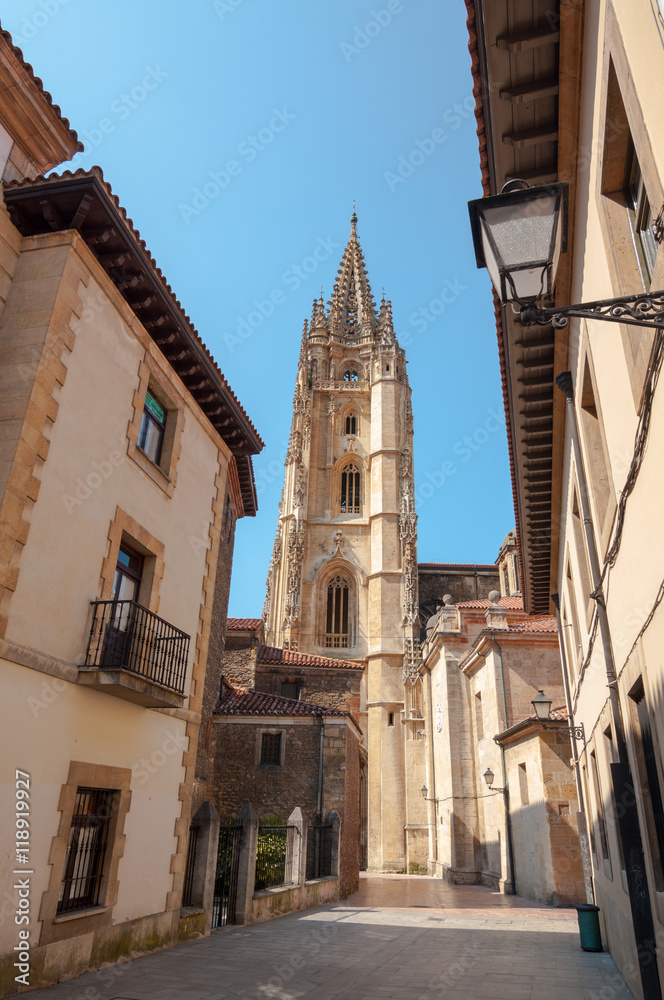 Oviedo old town center and Holy Saviour Cathedral tower