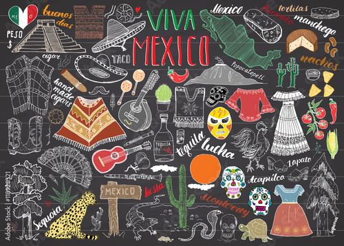 Mexico hand drawn sketch set vector illustration chalkboard