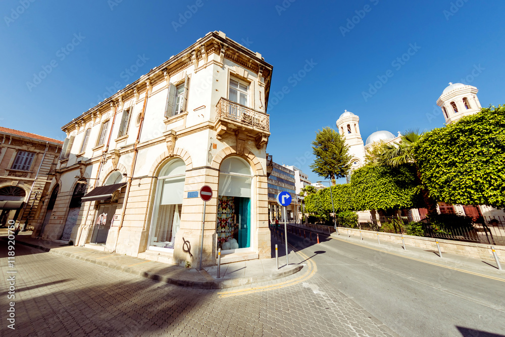 Street in Limassol old town with British colonial architecture.