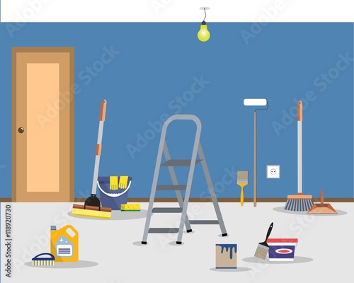 Room repair in home. Cleaning in the apartment after walls painting. Vector flat illustration