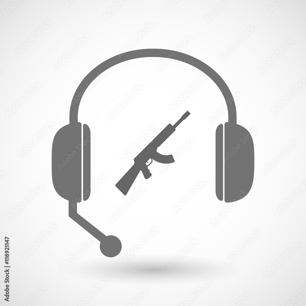 Isolated hands free headset icon with a machine gun sign Isolated hands free headset icon with a machine gun sign
