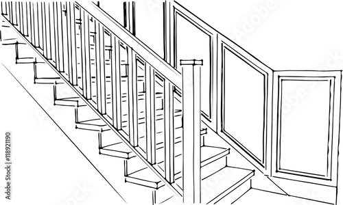Sketch Staircase classic with wooden panel. Sample 3d. Ladder side view. Flat style. Vector illustration on a white background.