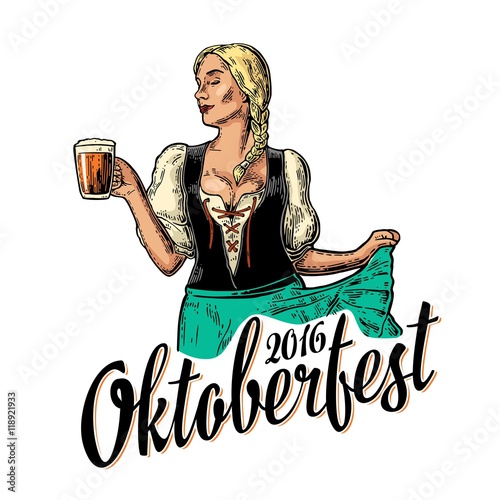Young sexy Oktoberfest woman wearing a traditional Bavarian dress dirndl dancing and holding beer mug.
