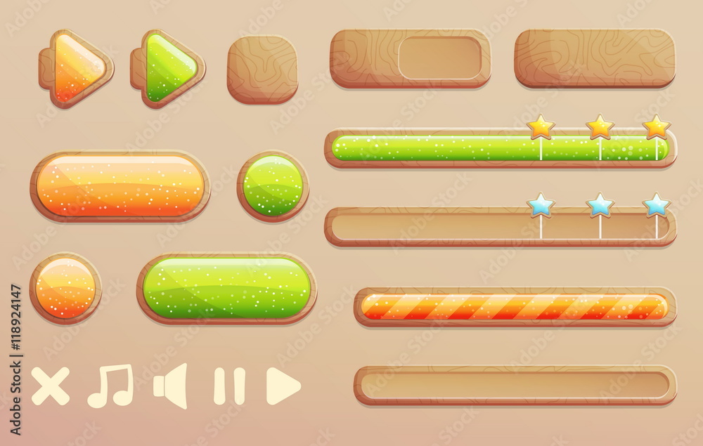 A set of cartoon wooden buttons, progress bars and icons with shiny glass elements for game and app design. Different shapes and arrows.