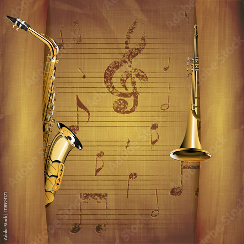 Musical Background saxophone and trumpet old musical sheets