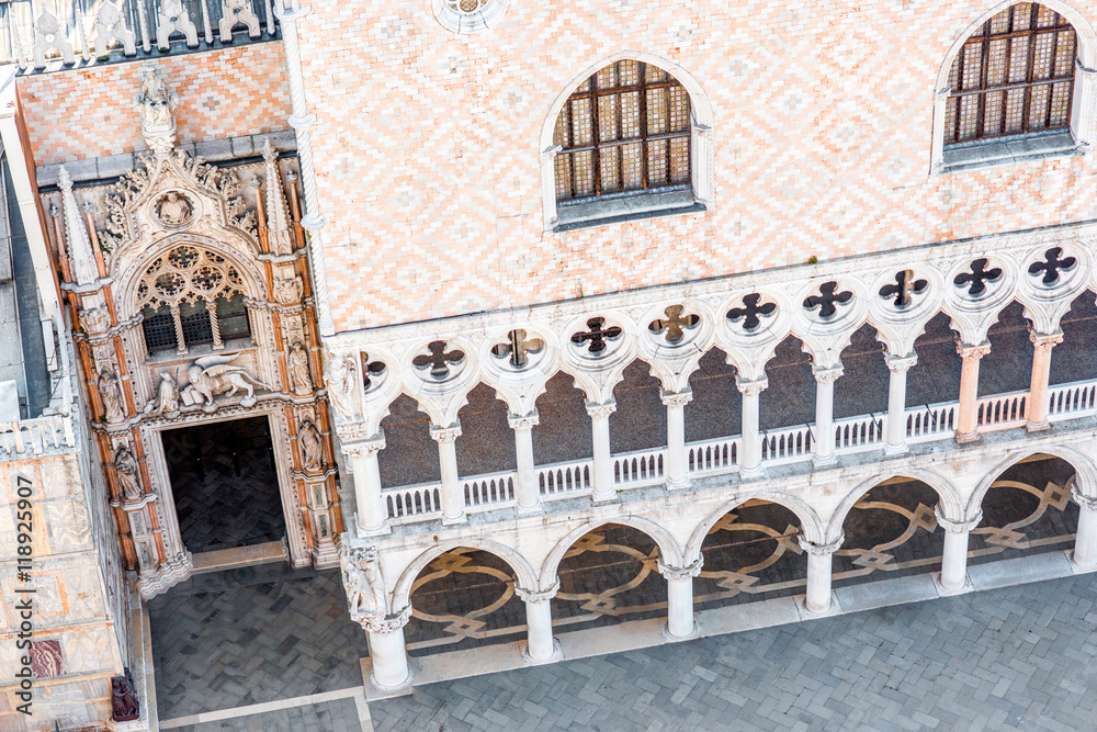Aerial close-up view on Doges palace in Venice