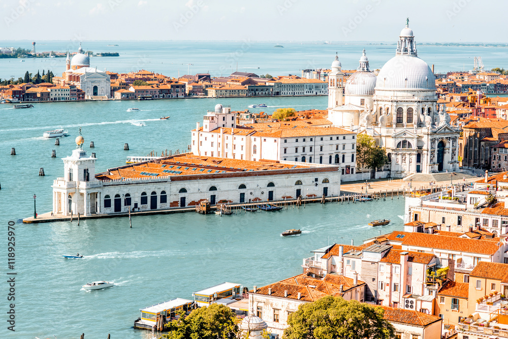 Fototapeta premium Aerial cityscape view on Venice old town with Santa Maria basilica at the sunny day