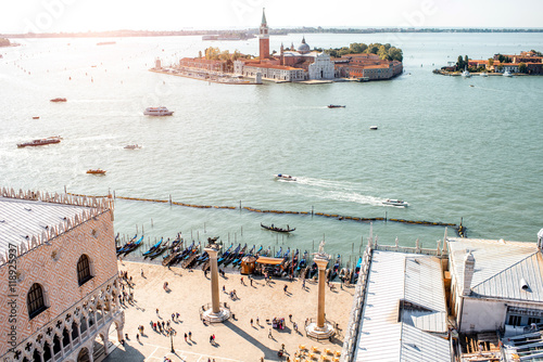 Aerial view on San Giorgio Maggiore island from San Mark's Campanille in Venice