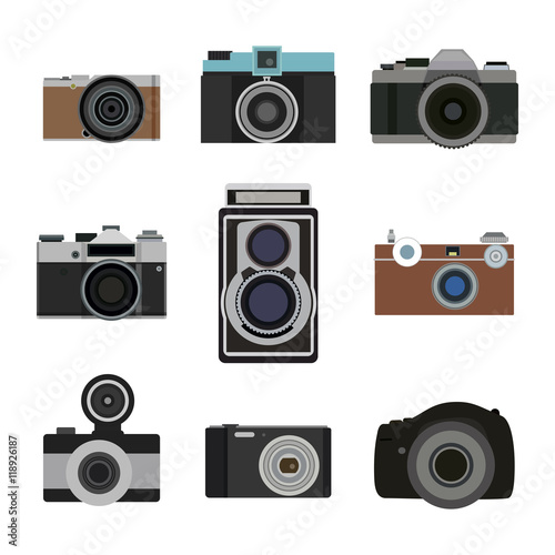 Photo camera flat icons set. Retro photography equipment. Cameras lens vector 