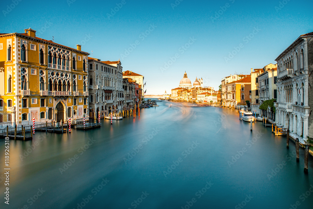 View on Grand canal with Santa Maria basilica from Accademic bridge in Venice. Long exposure image technic