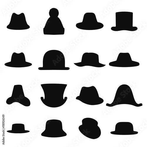 Collection of retro hats silhouette. Top hat isolated on white. Vector illustration 