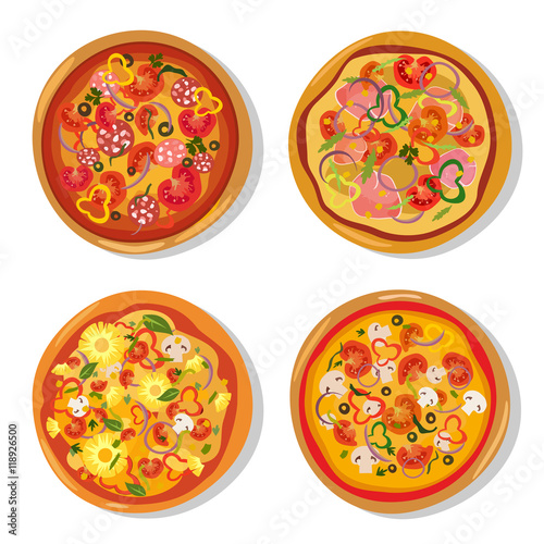 Set of flat hot pizza icons. Pizza isolated on white, pepperoni pizza. Vector 