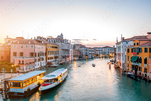 View on illuminated Grand canal with from Accademic bridge at the dusk in Venice. © rh2010