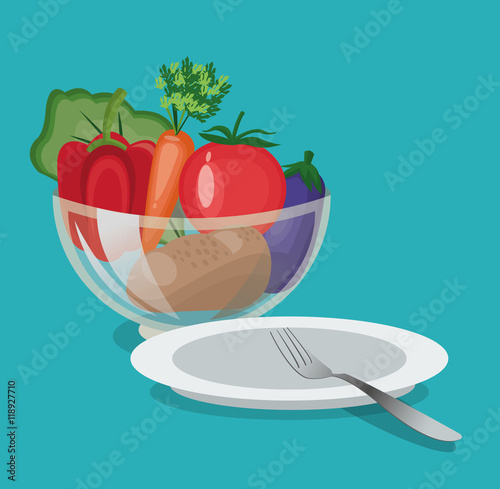 vegetables bowl fork organic healthy food cooking restaurant kitchen icon. Colorful and Flat design. Vector illustration