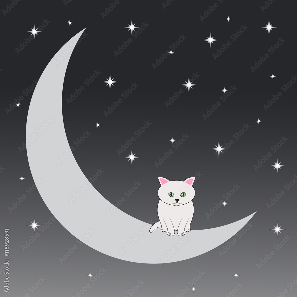 Naklejka premium Happy cat who sits on the moon