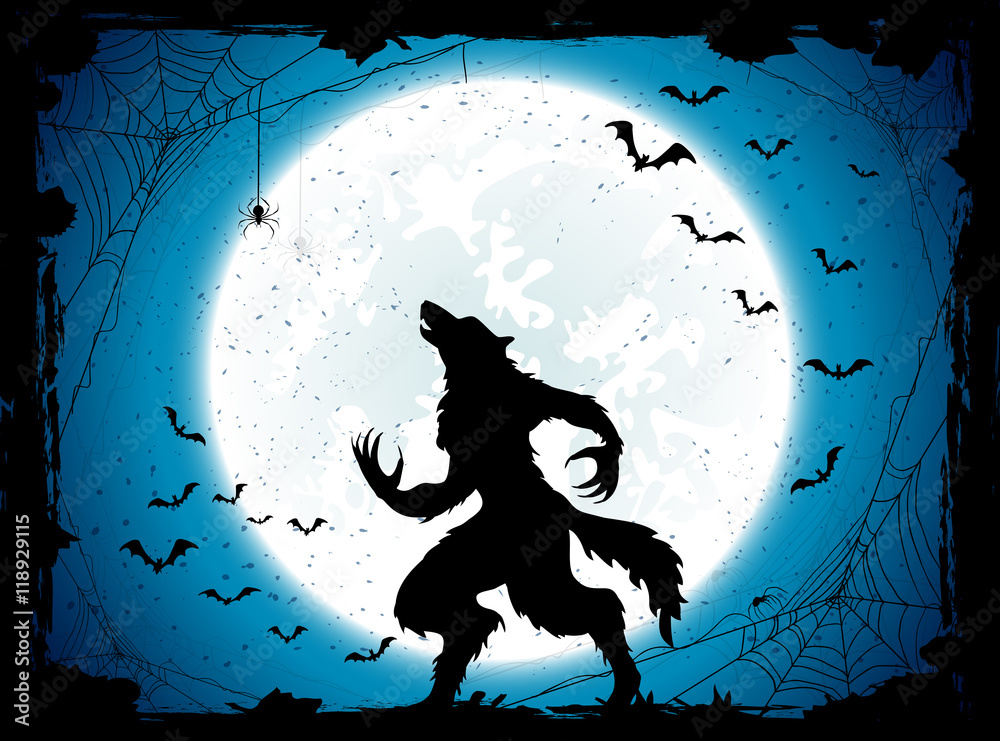 Fototapeta premium Blue Halloween background with bats and werewolf
