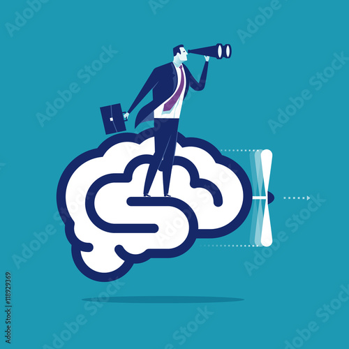 Brain Powered. Businessman flying on metaphoric image of the human brain. Business illustration