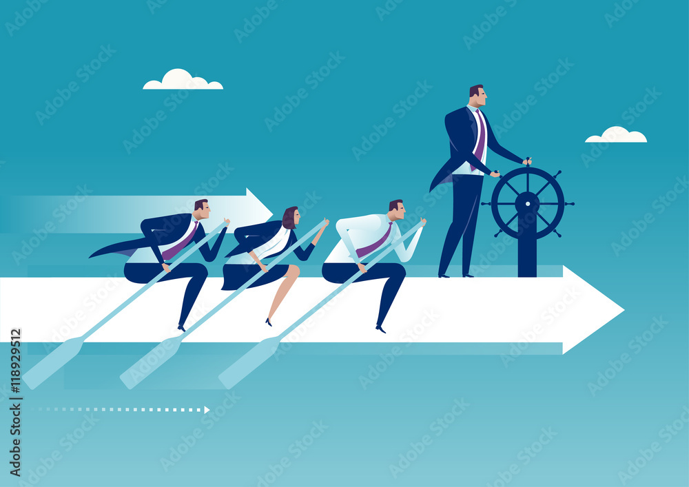 The Team. Group of business persons flying on white arrow. Business concept illustration. - obrazy, fototapety, plakaty 