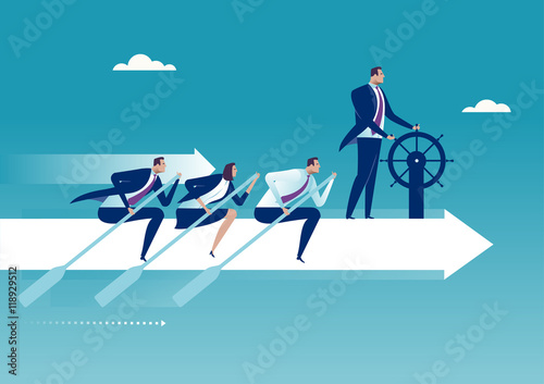 The Team. Group of business persons flying on white arrow. Business concept illustration.