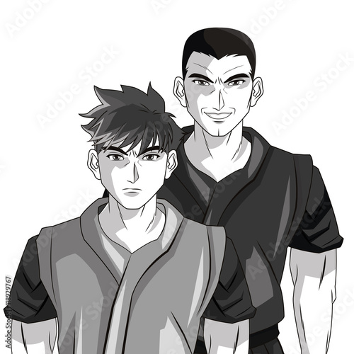 man boy young anime manga comic cartoon fight icon. Black white grey and isolated design. Vector illustration