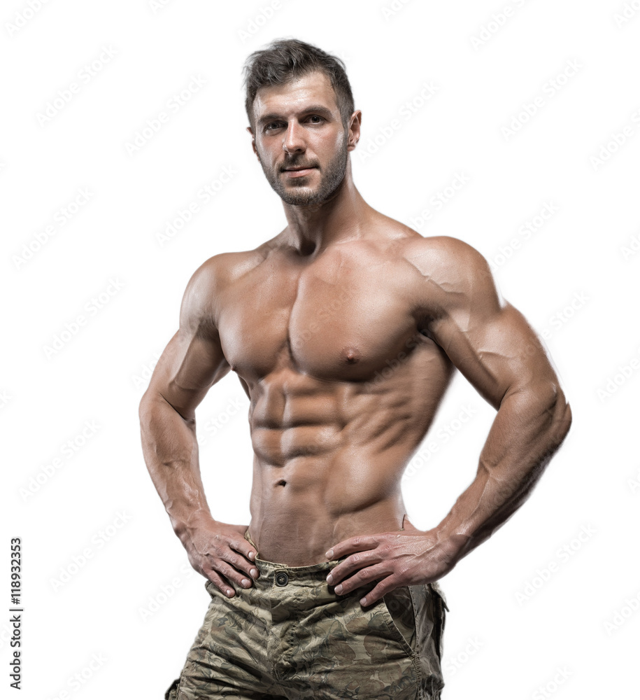 Fototapeta premium Muscular bodybuilder guy isolated over white background