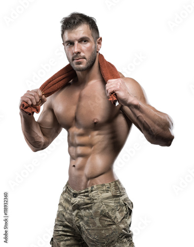Muscular bodybuilder guy isolated over white background