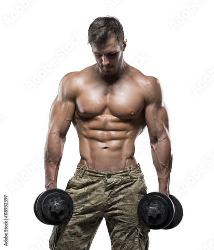 Muscular bodybuilder guy isolated over white background