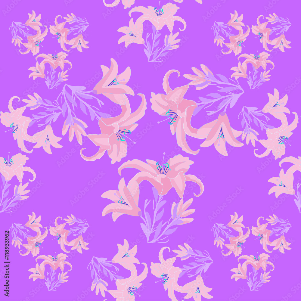 Seamless pattern with lily on a purple background. 