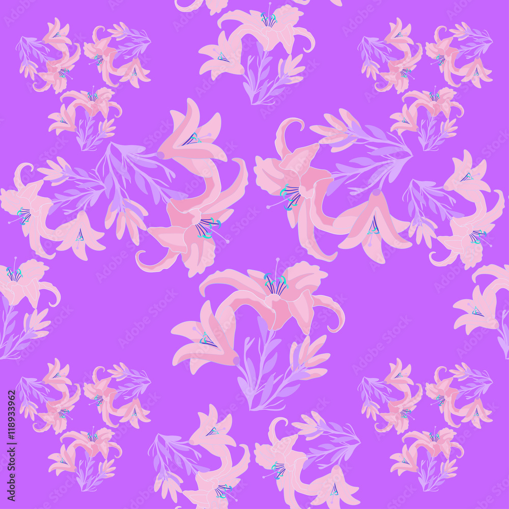 Seamless pattern with lily on a purple background. Seamless pattern with lily on a purple background.