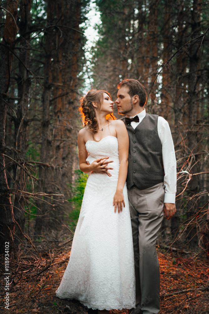 dramatic picture bride and groom on the background of leaves forest backlight