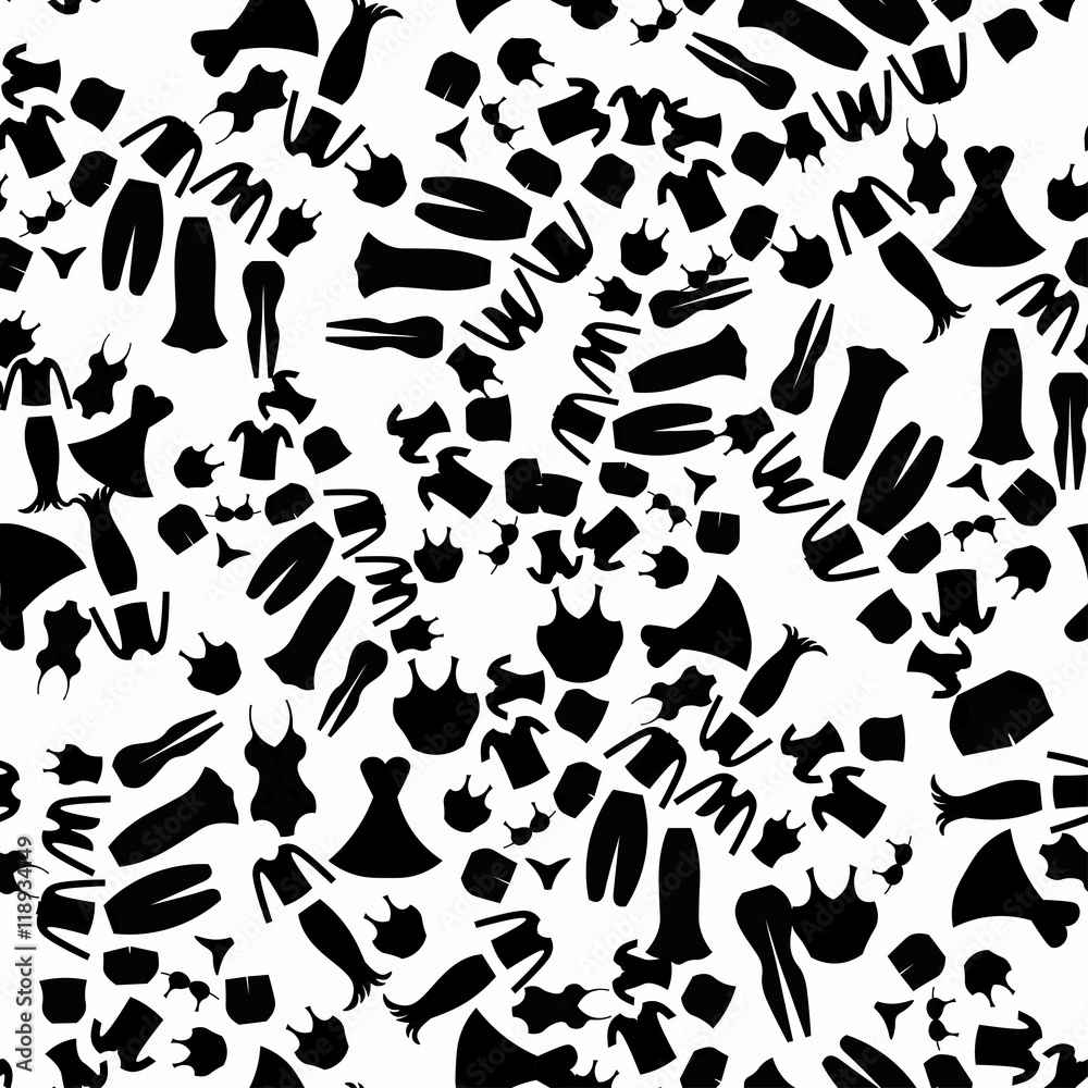 Seamless pattern with silhouettes of women's clothing. 