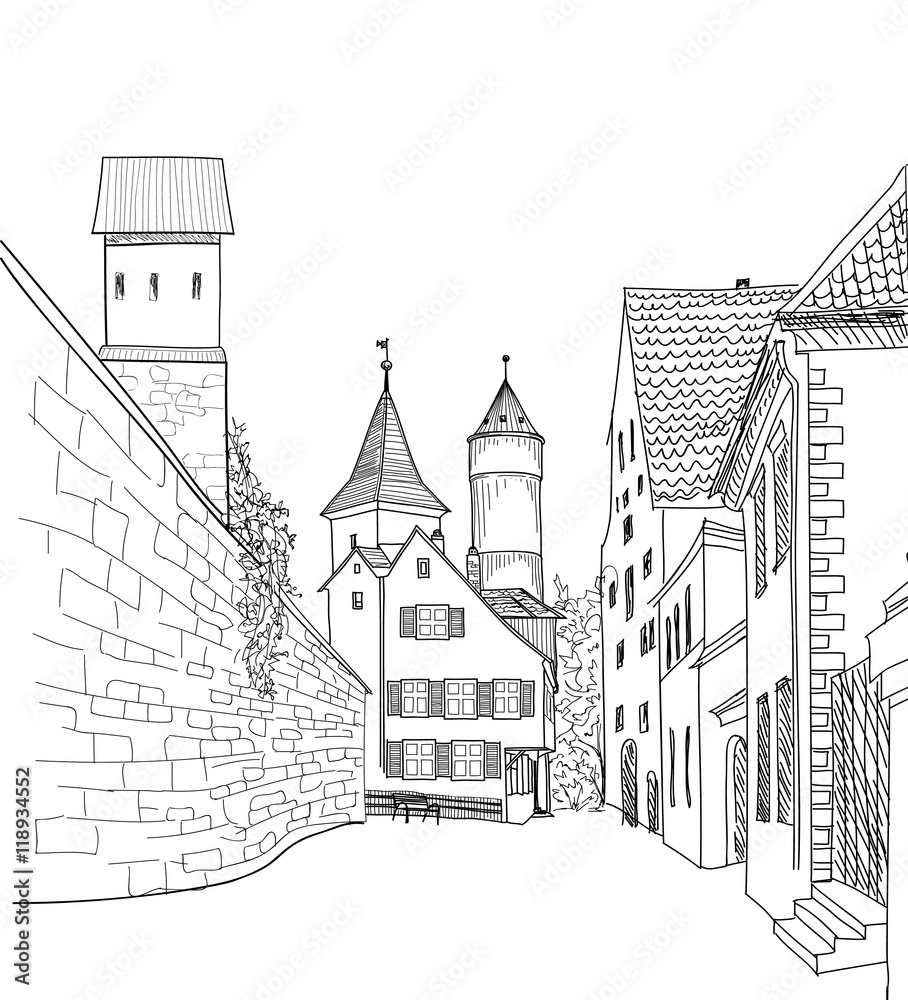 Street alleyway in old german city. Cityscape - houses, tower and buildings. Cityscape sketch
