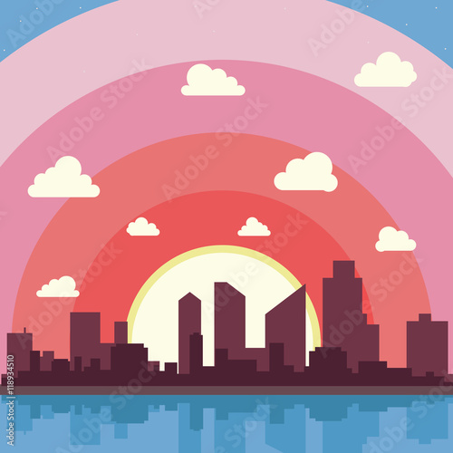 City on a background sunset. Silhuette of town