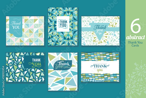 Six abstract vintage thank you cards set with text, repeat pattern backgrounds perfect for any event.