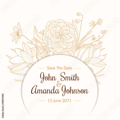 Vector Vintage Light Brown Beige Border Frame Floral Drawing Wedding Invitati...