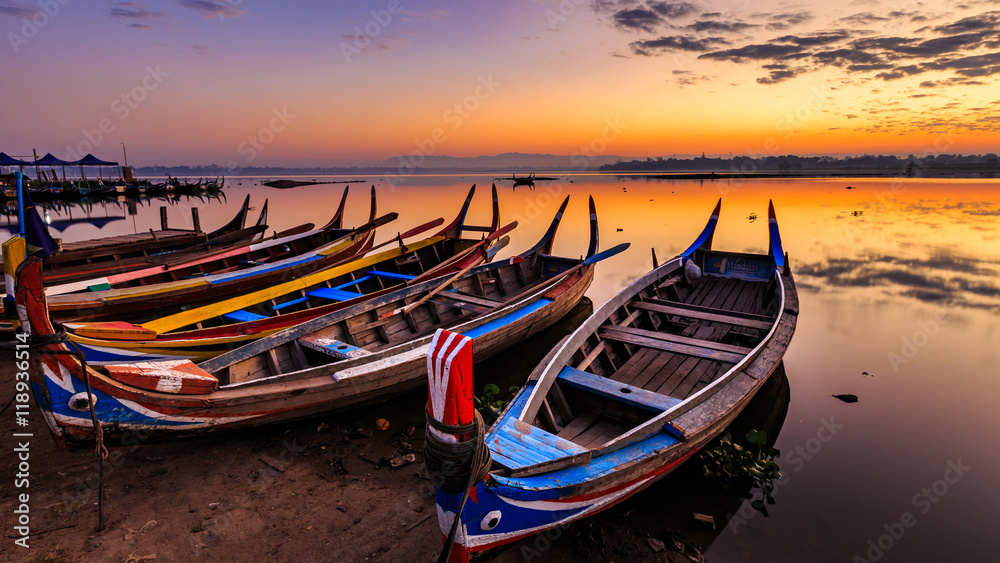 The boats at Ubein bridge, Mandalay, Myanmar .
