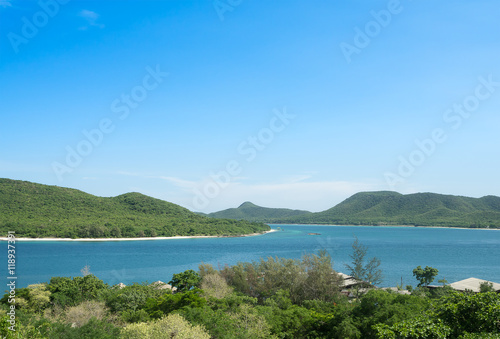 Landscape blue ocean and mountain background with blue sky
