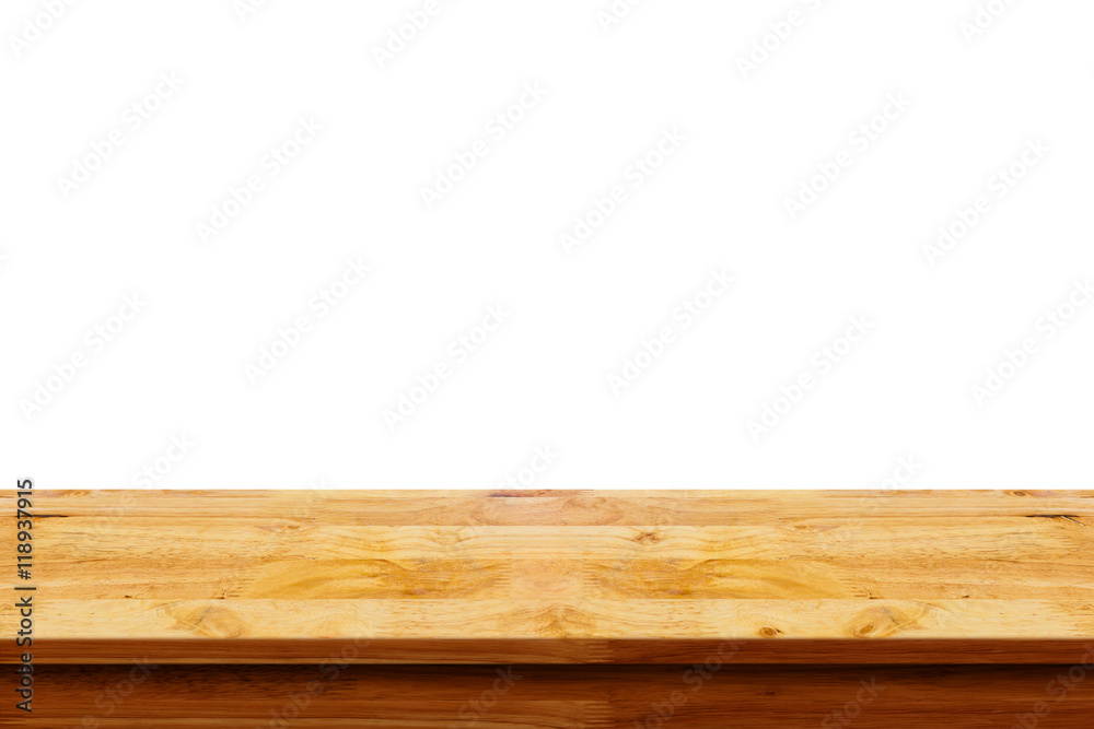 Empty top of wooden table on white background.